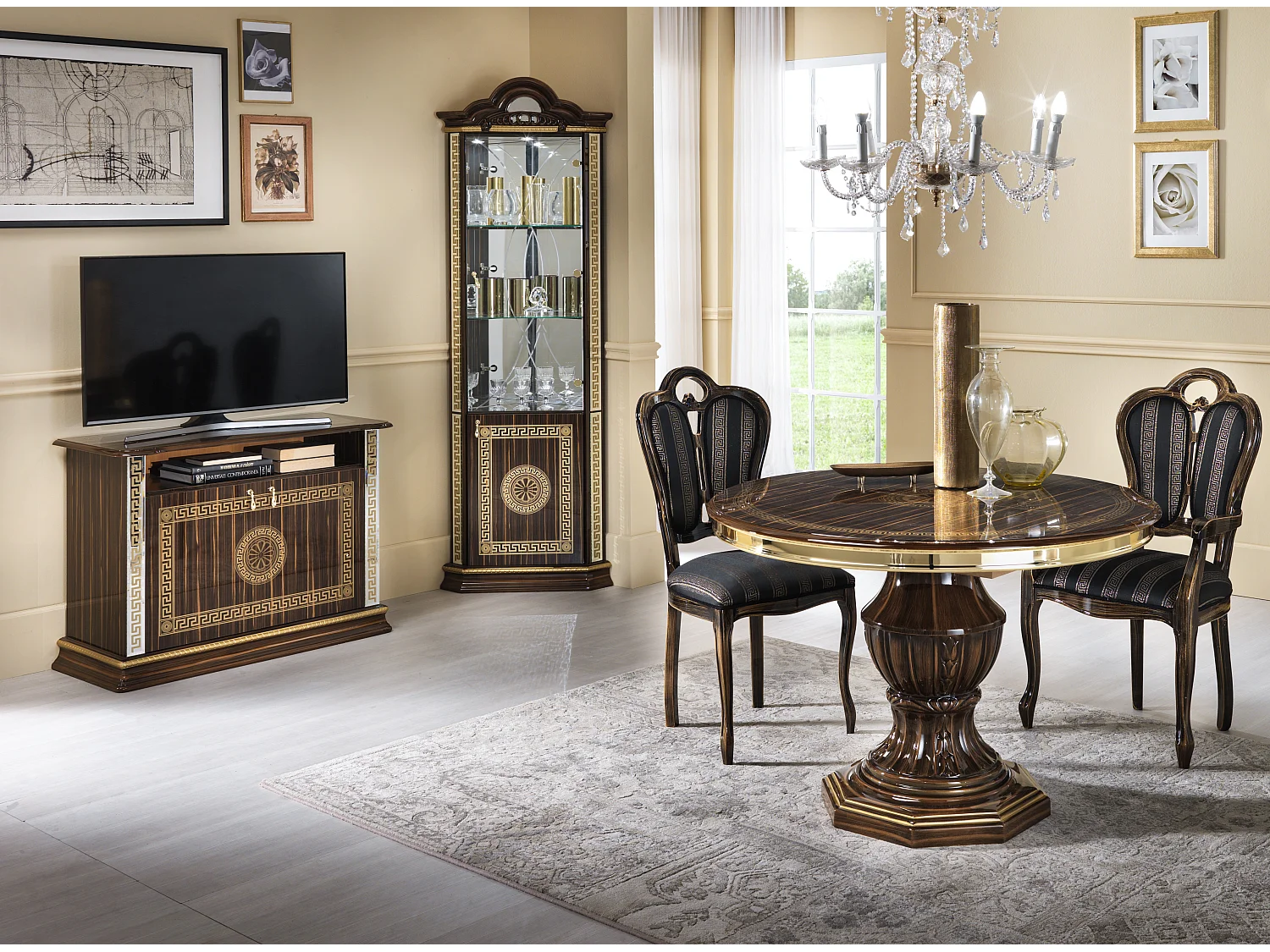 Meuble TV 2 portes 1 niche bois vernis laqué brillant marron et doré Venus 100cm