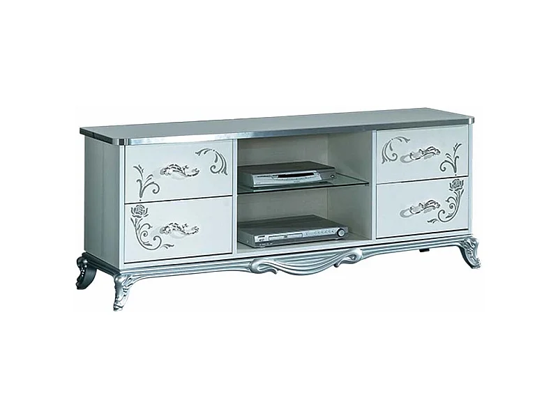 Meuble TV 4 tiroirs 2 niches bois laqué blanc et argent Dannie