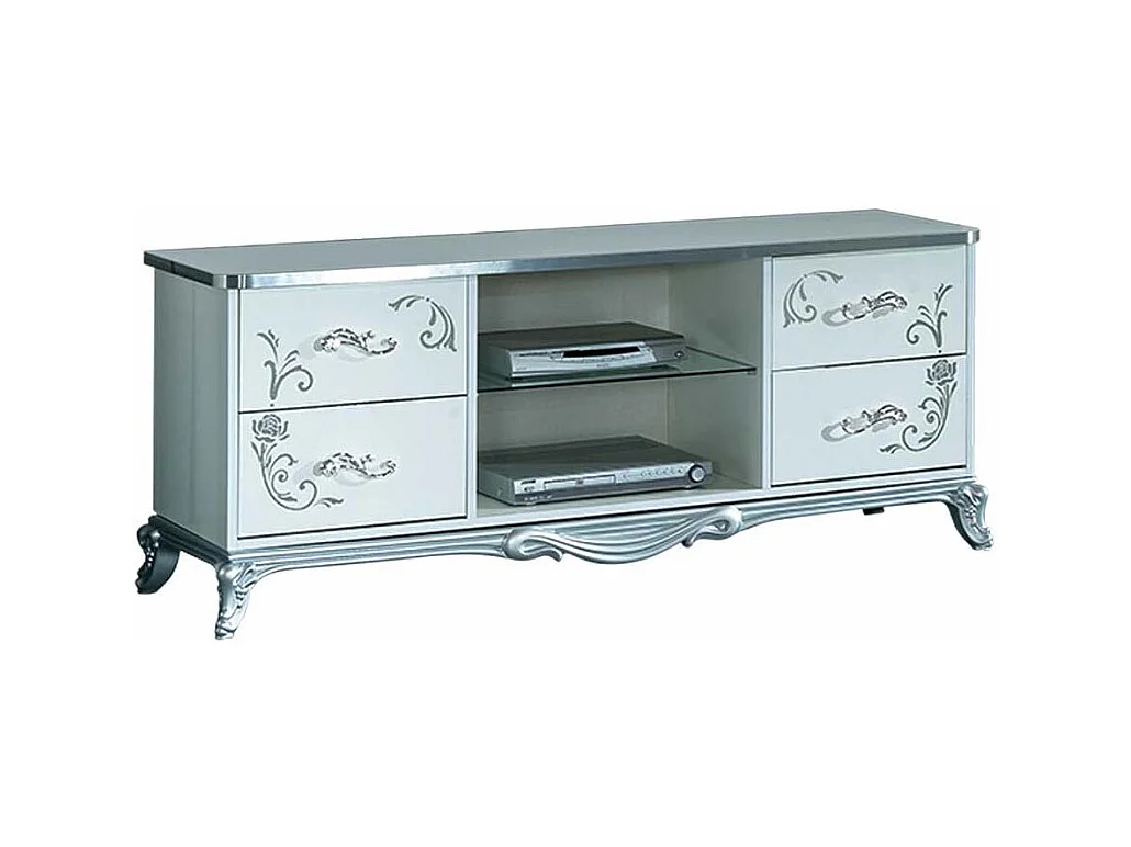 Meuble TV 4 tiroirs 2 niches bois laqué blanc et argent Dannie