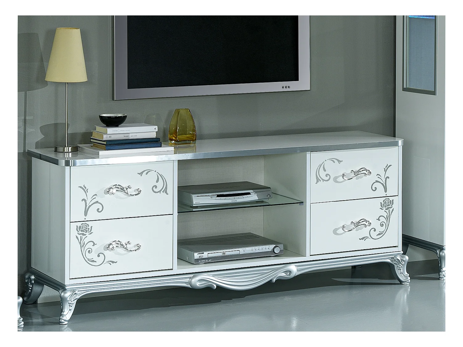 Meuble TV 4 tiroirs 2 niches bois laqué blanc et argent Dannie