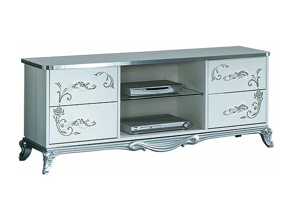 Meuble TV 4 tiroirs 2 niches bois laqué blanc et argent Dannie