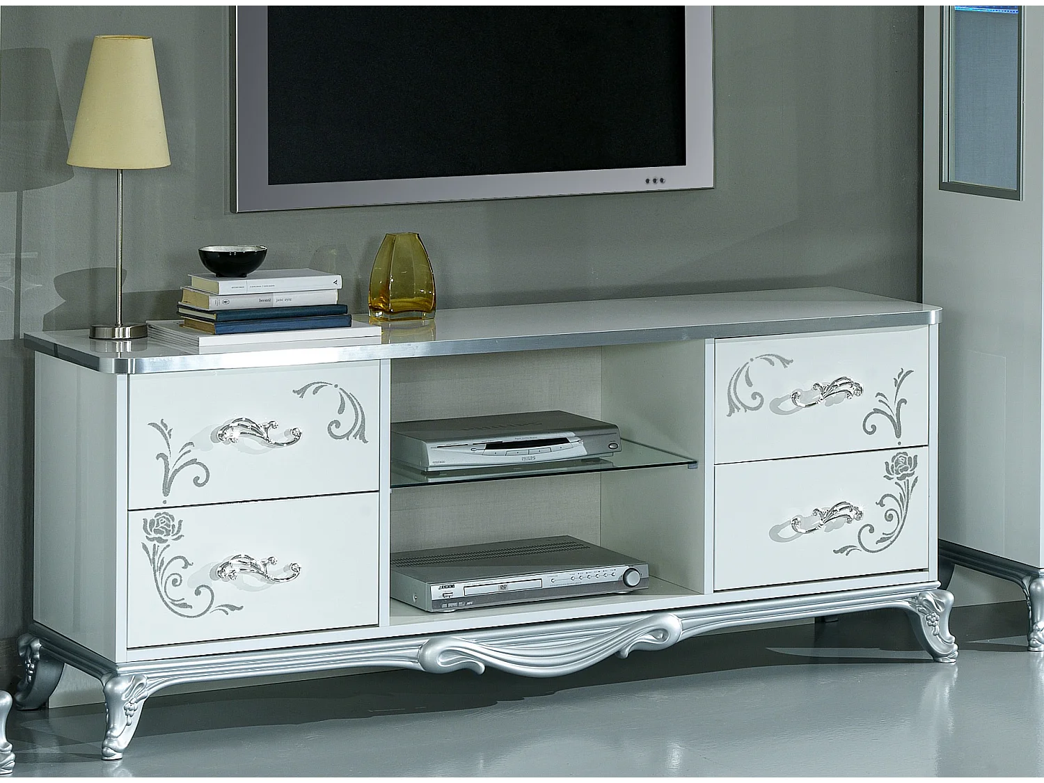 Meuble TV 4 tiroirs 2 niches bois laqué blanc et argent Dannie