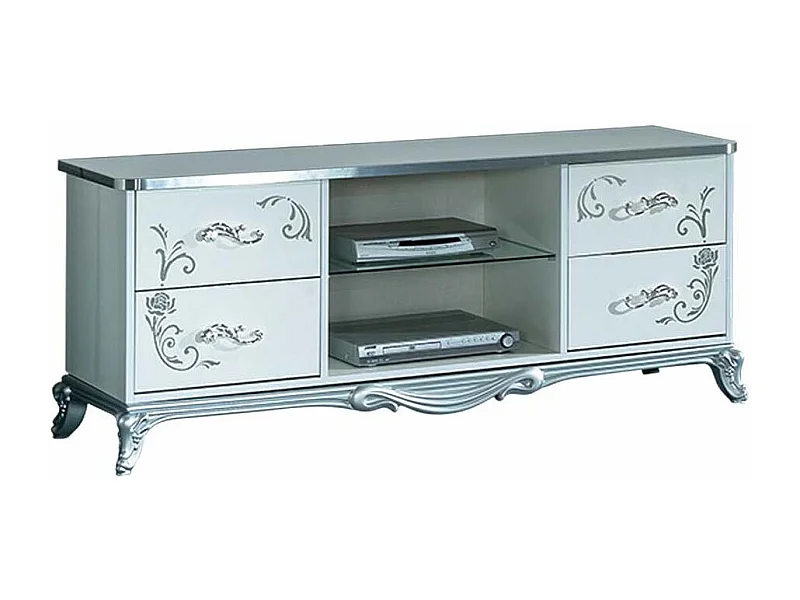 Meuble TV 4 tiroirs 2 niches bois laqué blanc et argent Dannie