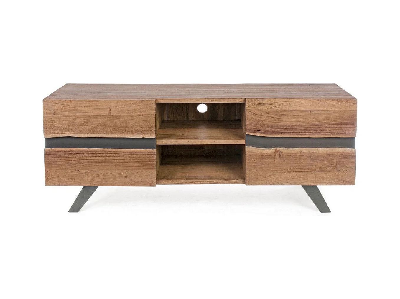 Meuble TV 2 portes bois d'acacia et pieds acier gris Denia 160cm