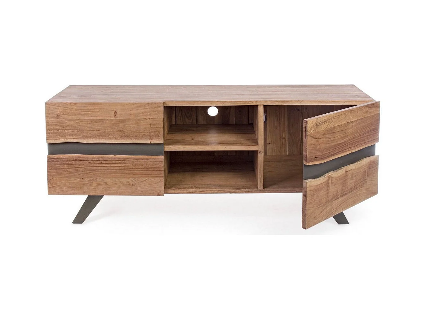 Meuble TV 2 portes bois d'acacia et pieds acier gris Denia 160cm