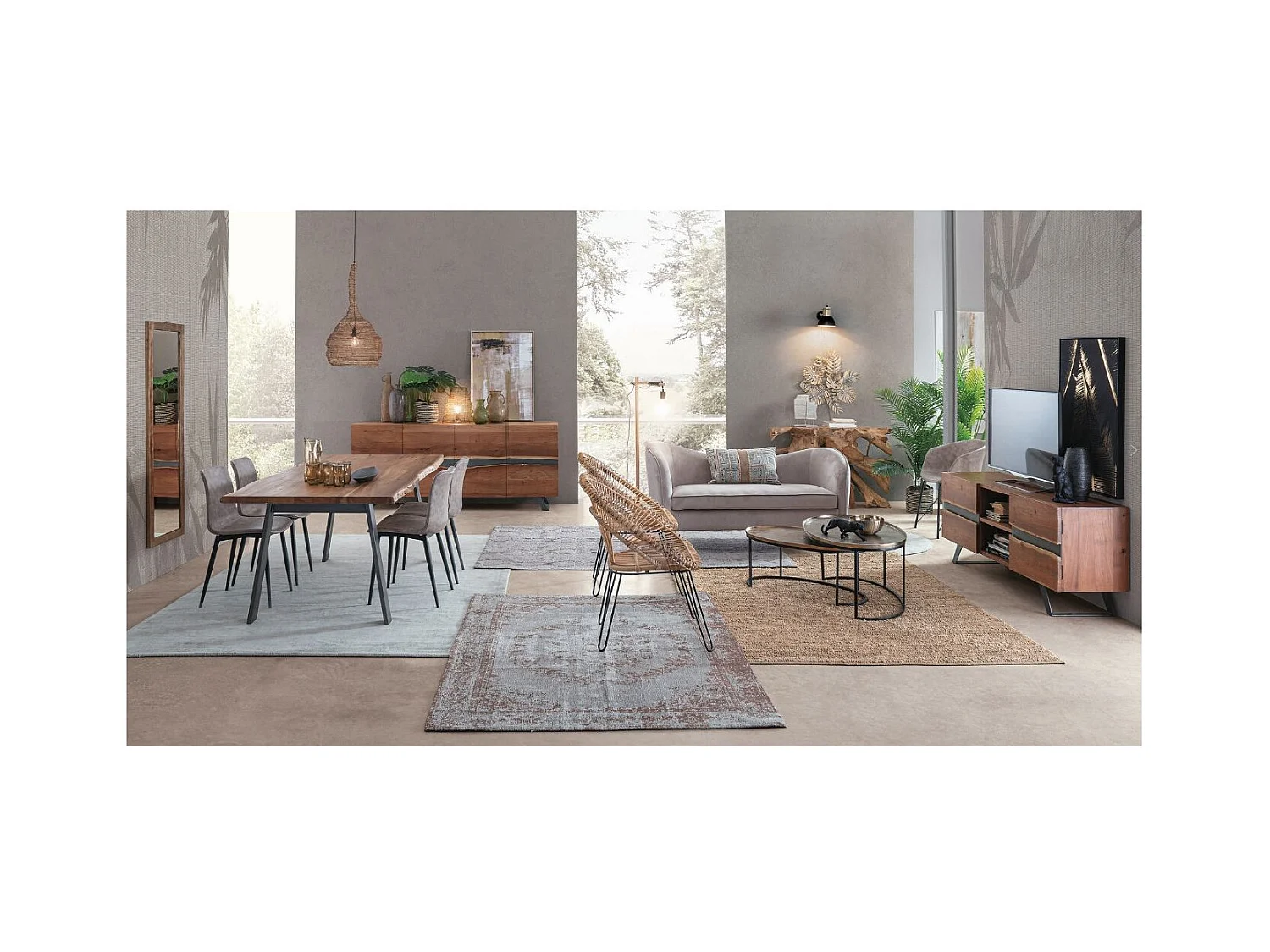 Meuble TV 2 portes bois d'acacia et pieds acier gris Denia 160cm