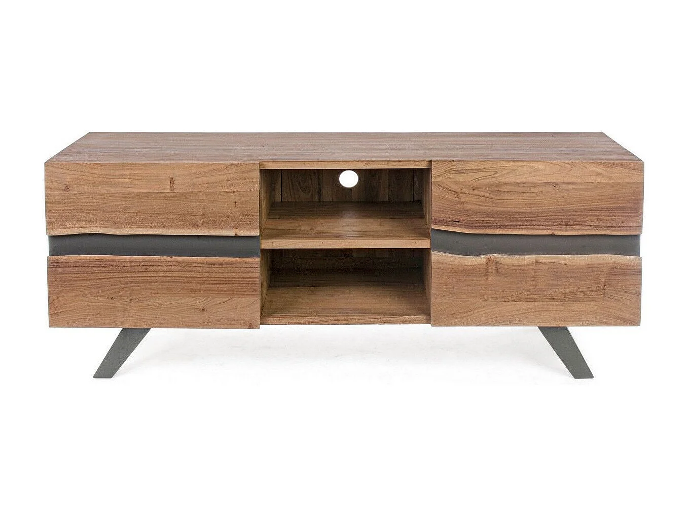 Meuble TV 2 portes bois d'acacia et pieds acier gris Denia 160cm