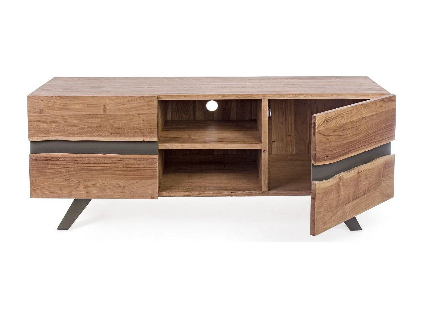 Meuble TV 2 portes bois d'acacia et pieds acier gris Denia 160cm