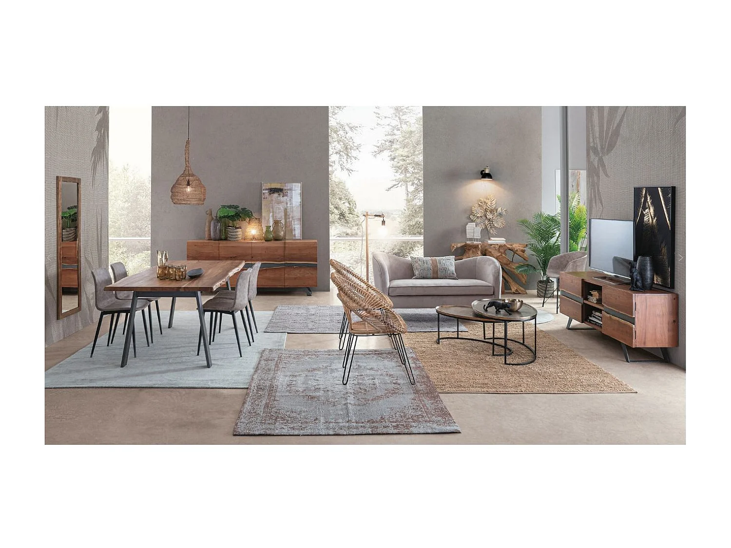 Meuble TV 2 portes bois d'acacia et pieds acier gris Denia 160cm