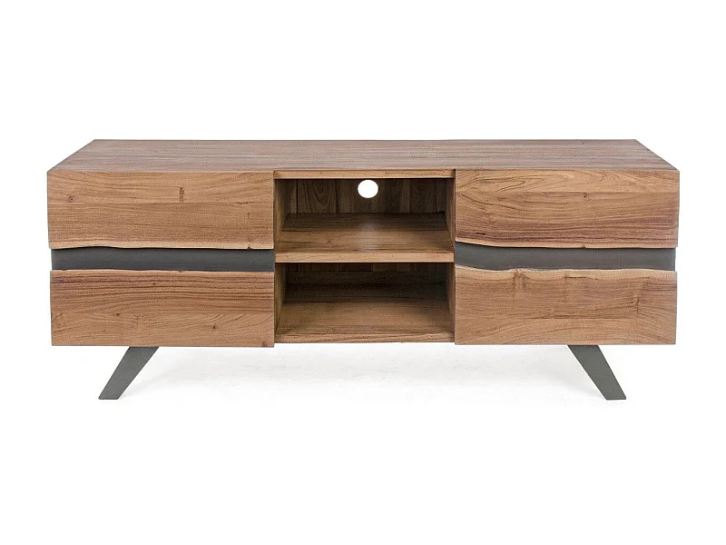 Meuble TV 2 portes bois d'acacia et pieds acier gris Denia 160cm