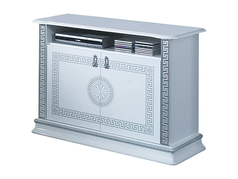 Meuble TV 2 portes 1 niche bois vernis laqué brillant blanc et gris Venus 100cm