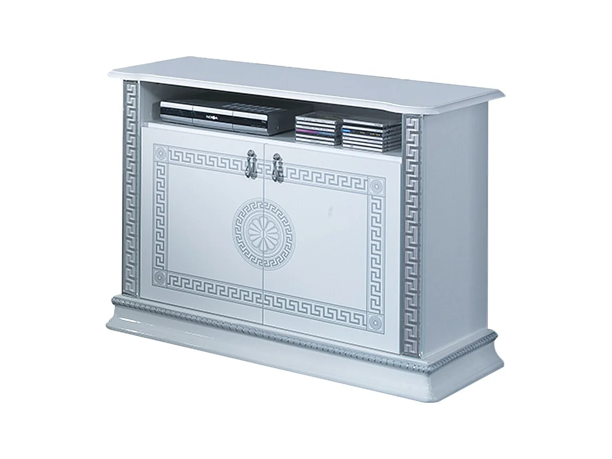 Meuble TV 2 portes 1 niche bois vernis laqué brillant blanc et gris Venus 100cm