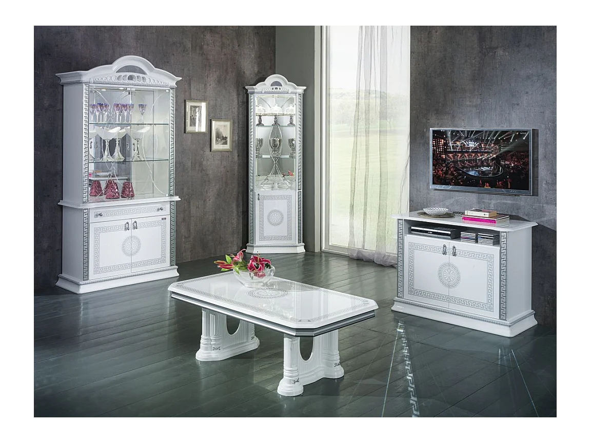 Meuble TV 2 portes 1 niche bois vernis laqué brillant blanc et gris Venus 100cm