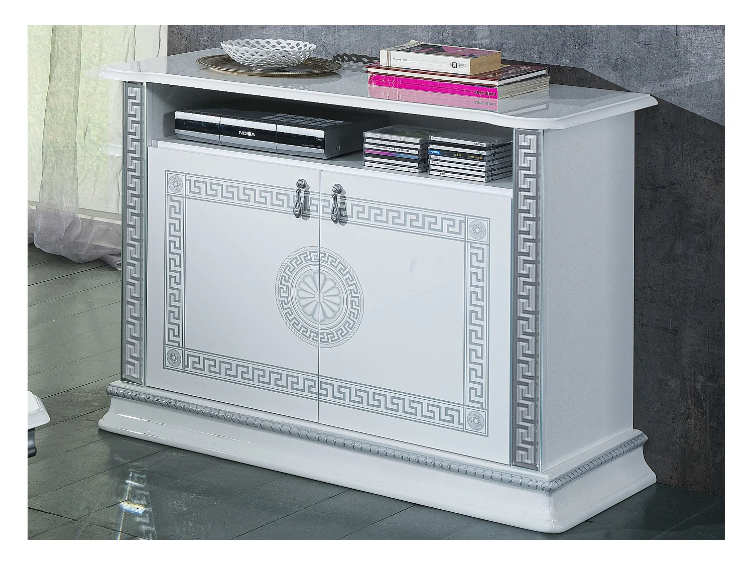 Meuble TV 2 portes 1 niche bois vernis laqué brillant blanc et gris Venus 100cm