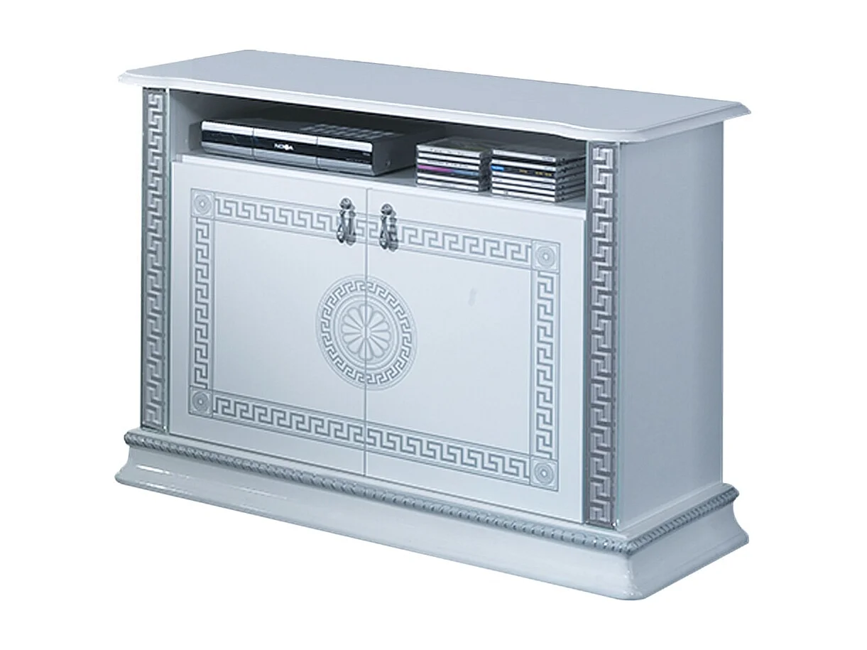 Mueble TV con 2 puertas y 1 nicho, madera lacada blanco brillo y gris, Venus 100 cm