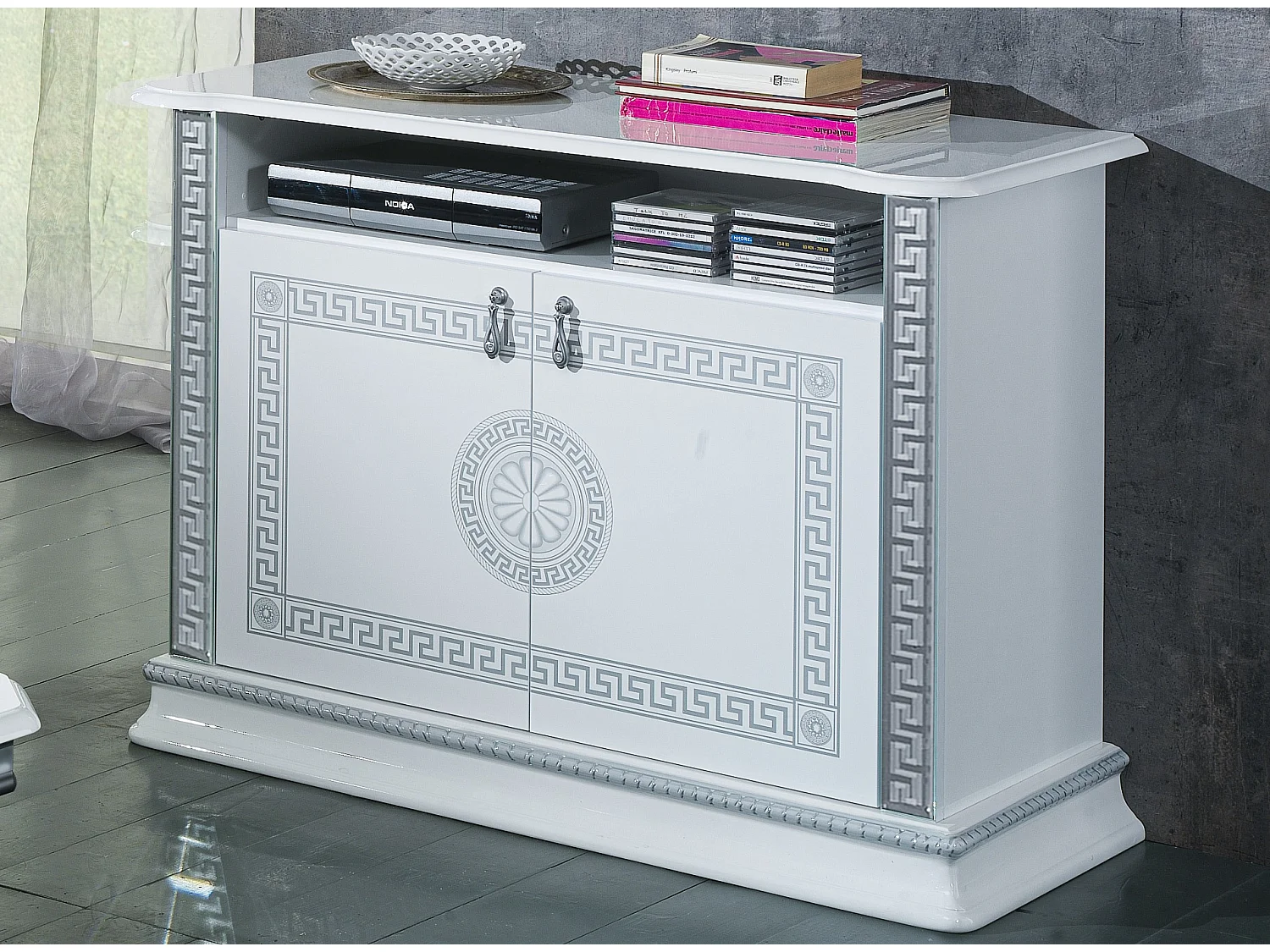 Mueble TV con 2 puertas y 1 nicho, madera lacada blanco brillo y gris, Venus 100 cm