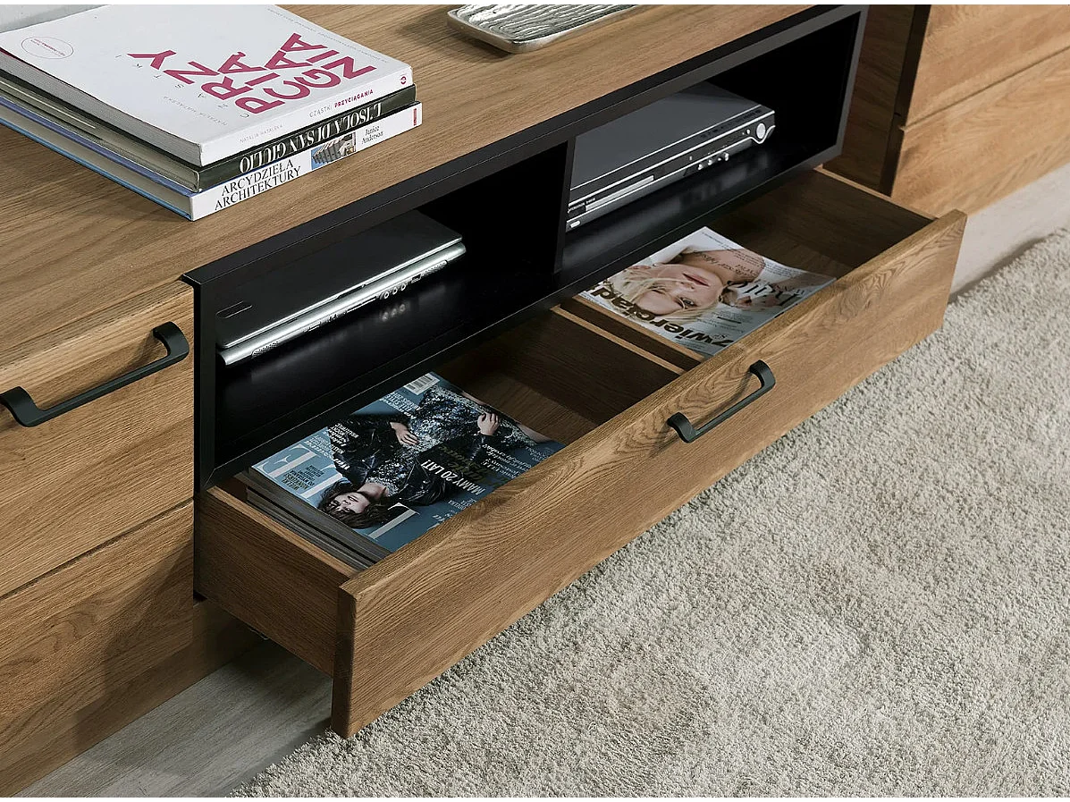 Mueble TV en madera de roble miel y acero negro Mazora 170 cm