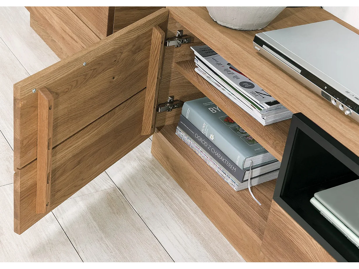 Mueble TV en madera de roble miel y acero negro Mazora 170 cm