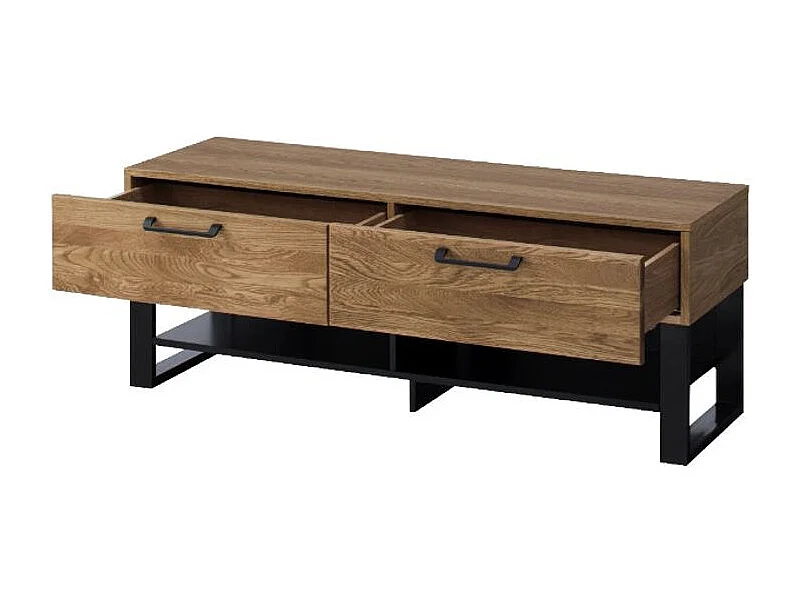 Mueble TV en madera de roble miel y acero negro 2 cajones Mazora 135 cm
