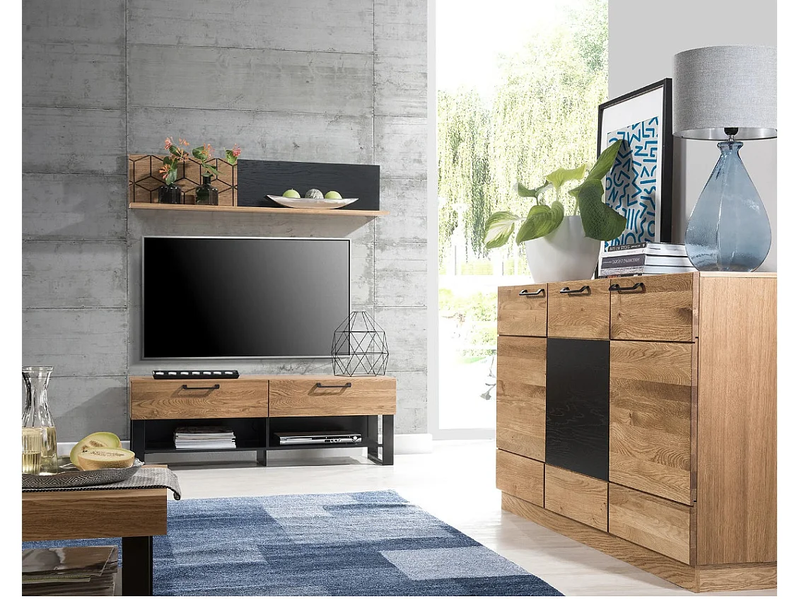 Mueble TV en madera de roble miel y acero negro 2 cajones Mazora 135 cm
