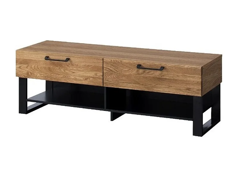 Mueble TV en madera de roble miel y acero negro 2 cajones Mazora 135 cm