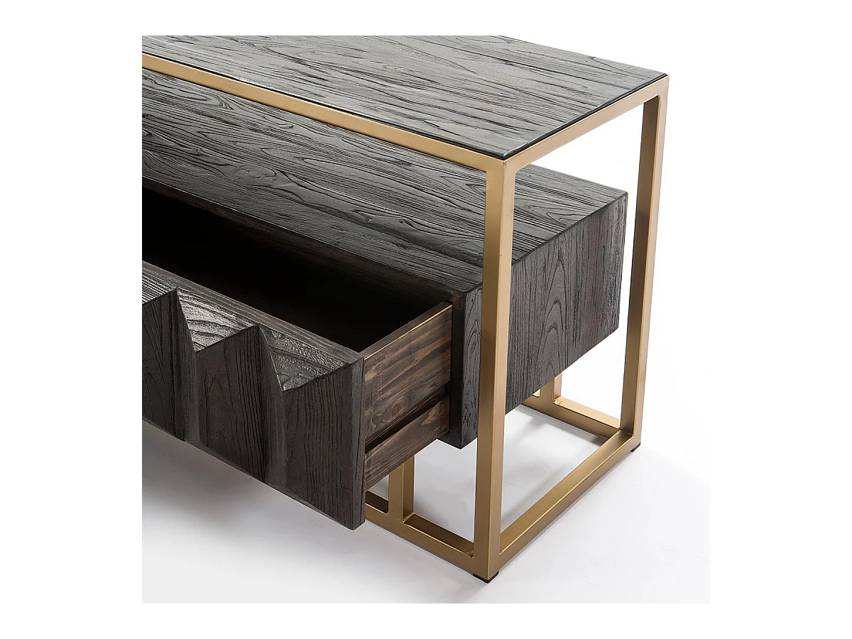 Meuble TV 2 tiroirs bois foncé et pieds métal doré 180cm