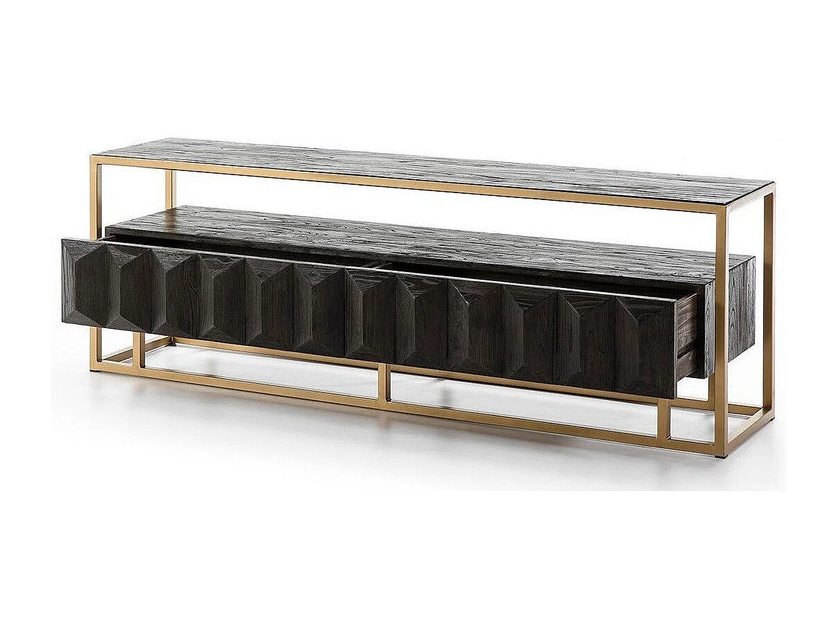 Meuble TV 2 tiroirs bois foncé et pieds métal doré 180cm