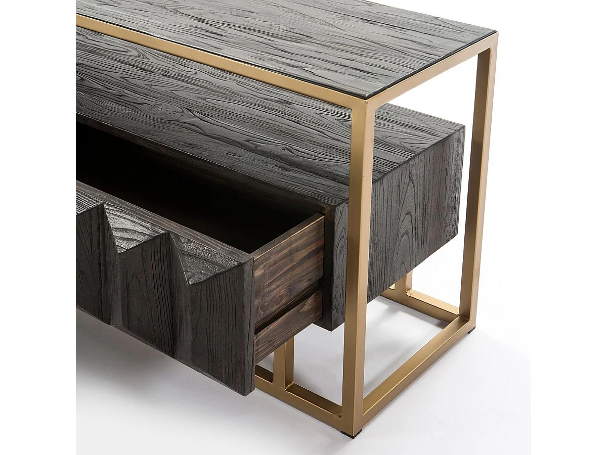 Meuble TV 2 tiroirs bois foncé et pieds métal doré 180cm