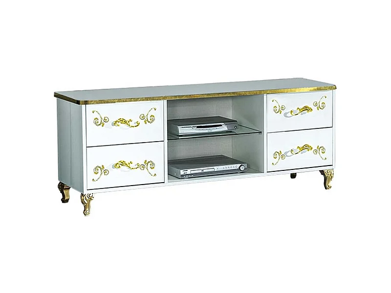 Meuble TV design bois vernis brillant blanc et doré Jade 160cm