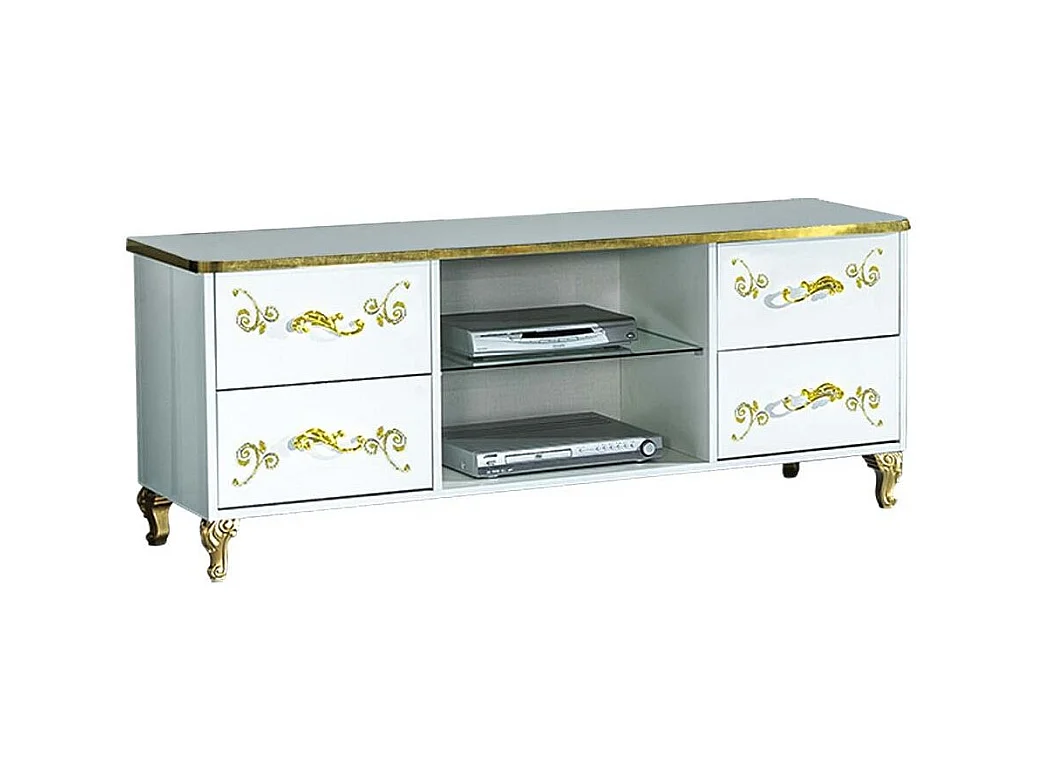 Meuble TV design bois vernis brillant blanc et doré Jade 160cm