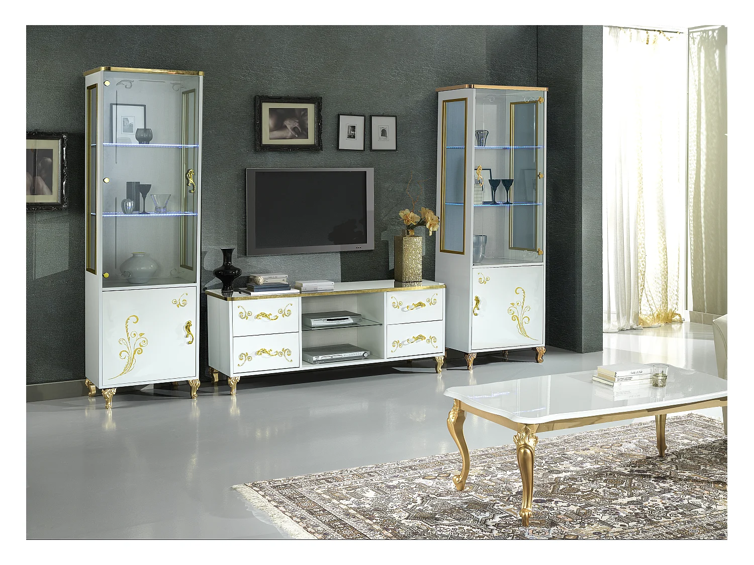 Meuble TV design bois vernis brillant blanc et doré Jade 160cm