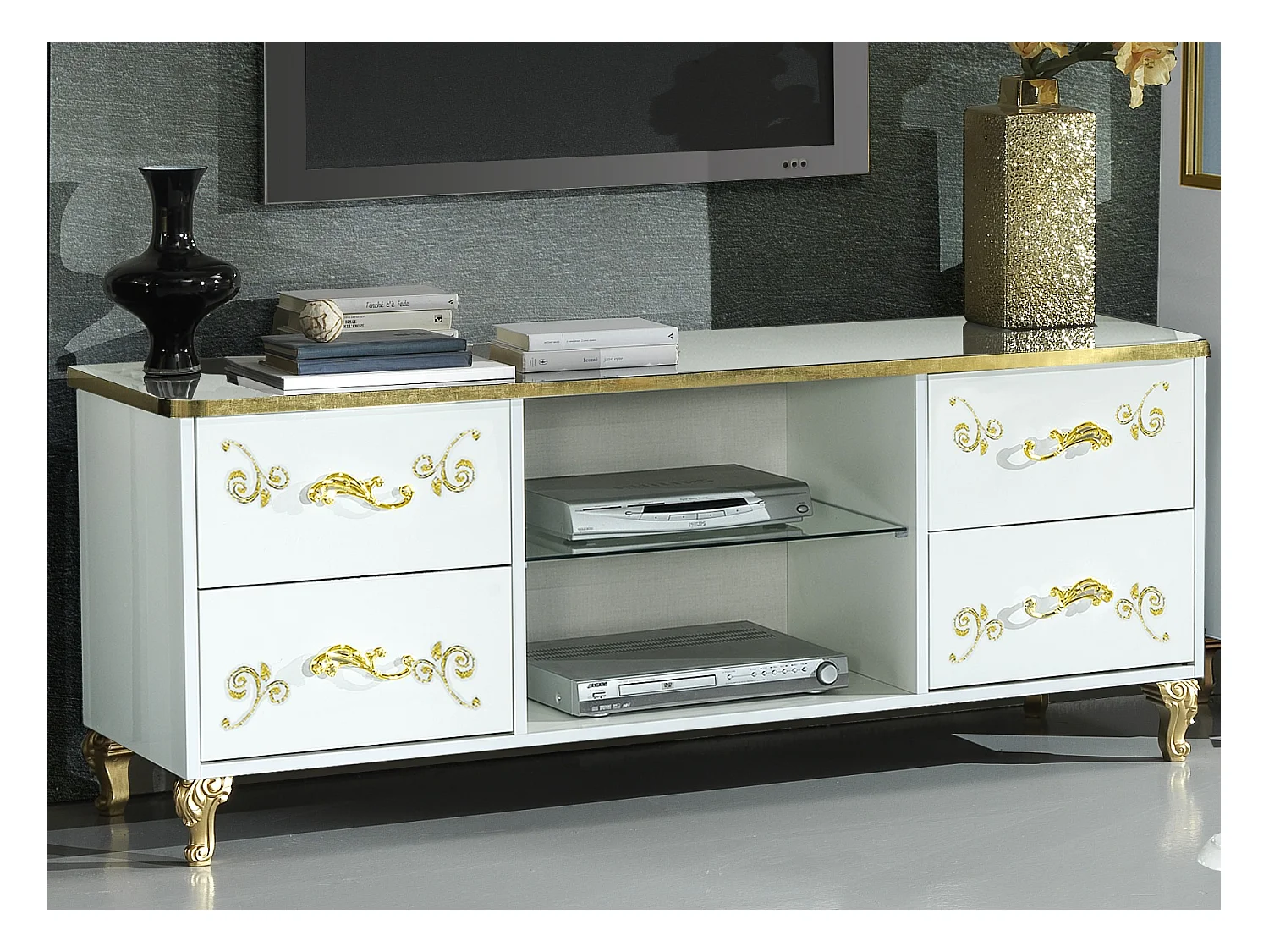 Meuble TV design bois vernis brillant blanc et doré Jade 160cm