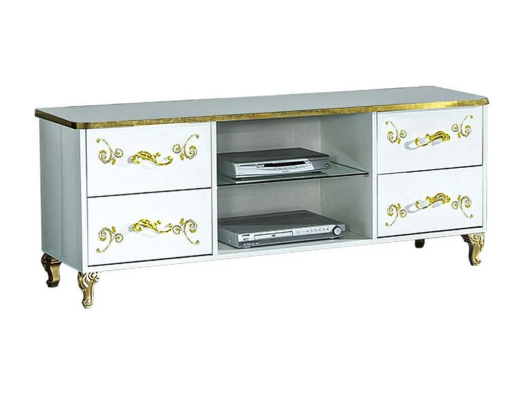 Meuble TV design bois vernis brillant blanc et doré Jade 160cm