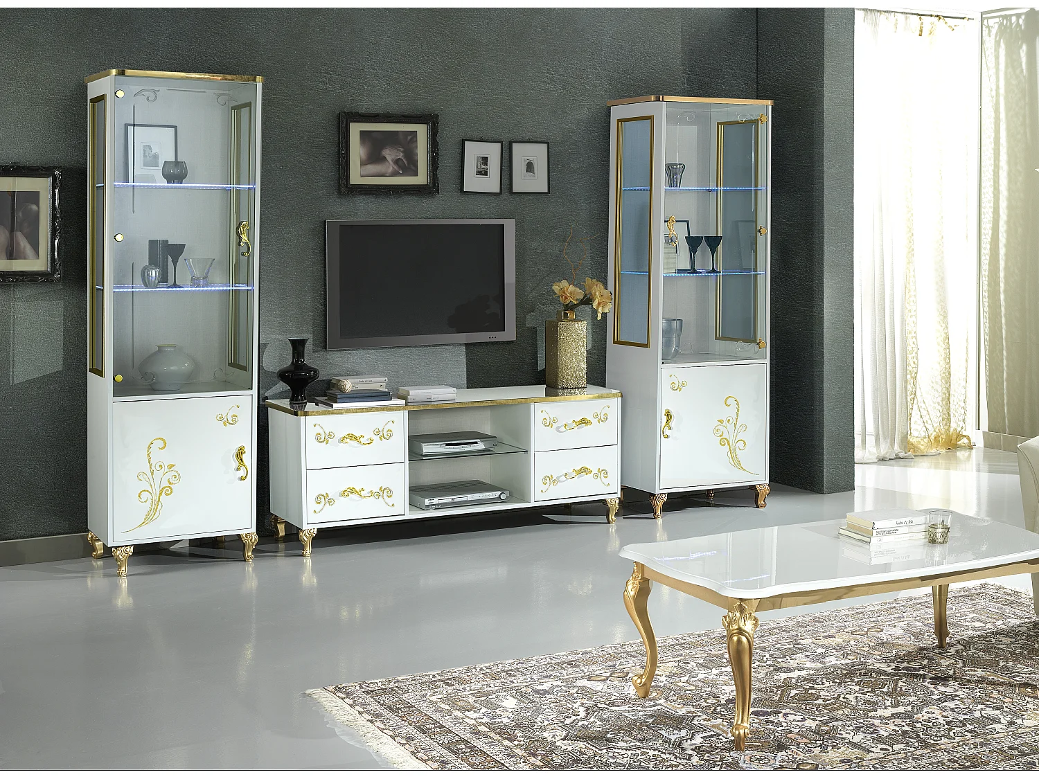 Meuble TV design bois vernis brillant blanc et doré Jade 160cm