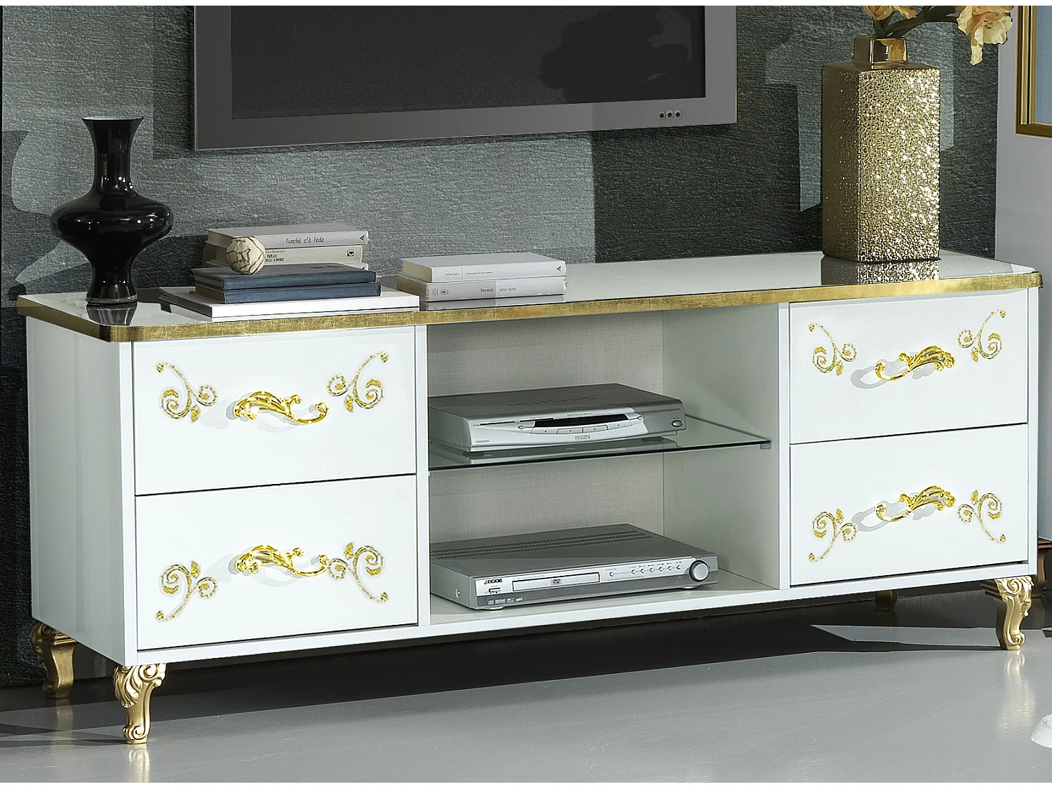 Meuble TV design bois vernis brillant blanc et doré Jade 160cm