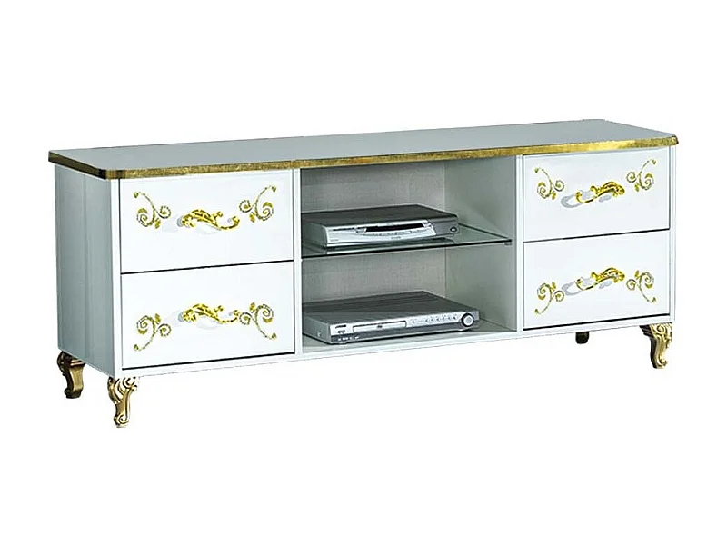 Meuble TV design bois vernis brillant blanc et doré Jade 160cm