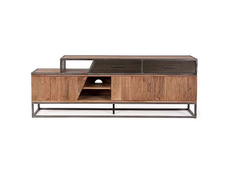 Meuble TV industriel 3 portes 2 tiroirs bois d'acacia et acier marron Palma 175cm