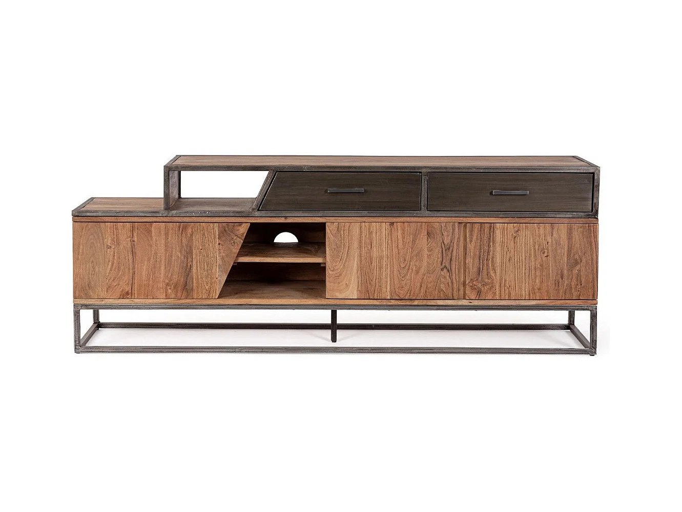 Meuble TV industriel 3 portes 2 tiroirs bois d'acacia et acier marron Palma 175cm