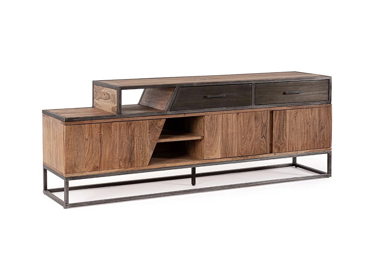 Meuble TV industriel 3 portes 2 tiroirs bois d'acacia et acier marron Palma 175cm
