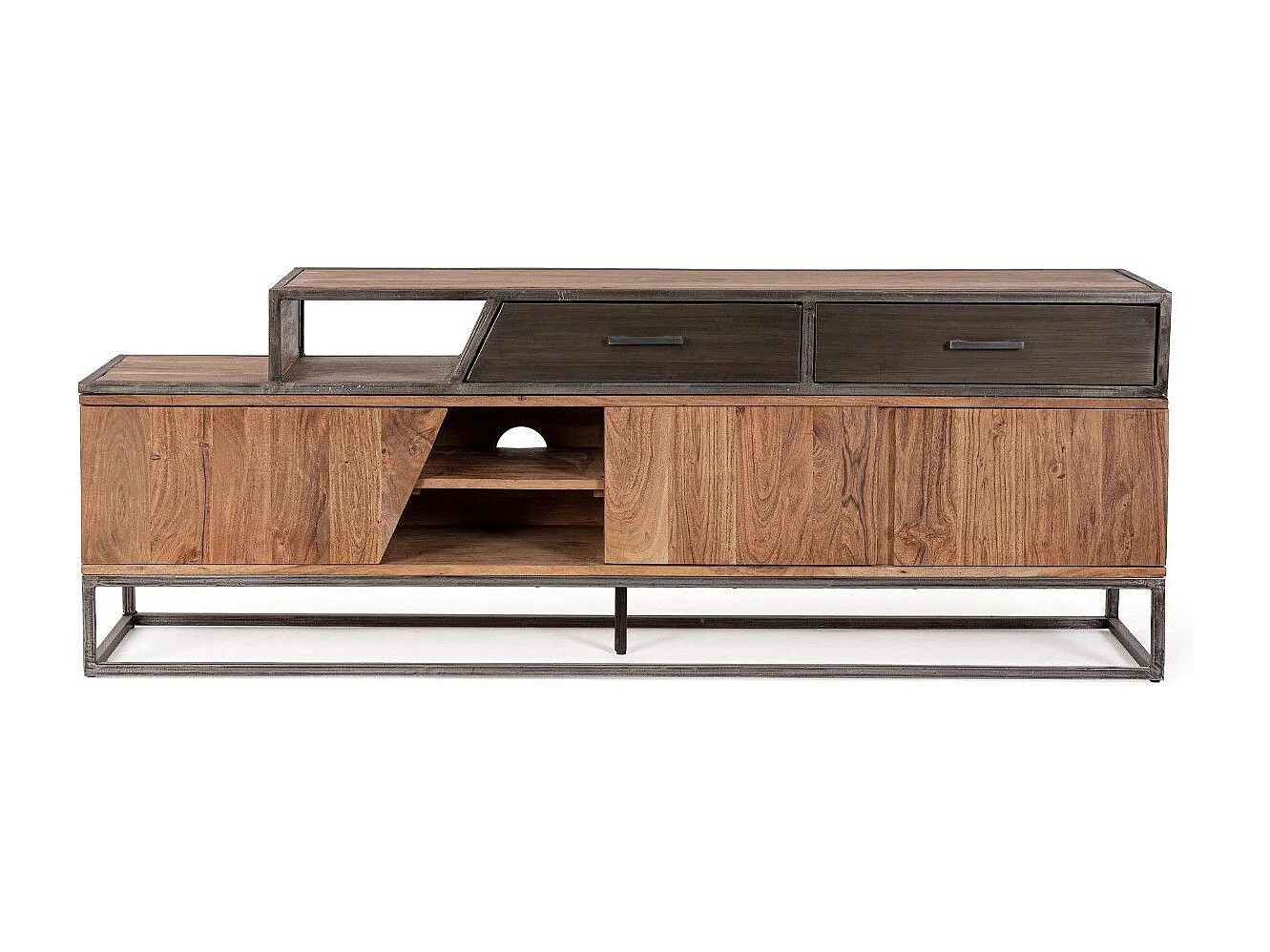 Meuble TV industriel 3 portes 2 tiroirs bois d'acacia et acier marron Palma 175cm