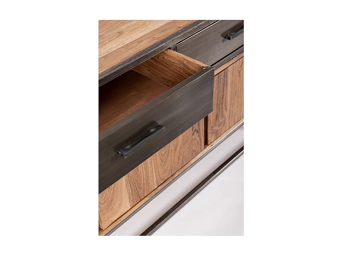 Meuble TV industriel 3 portes 2 tiroirs bois d'acacia et acier marron Palma 175cm