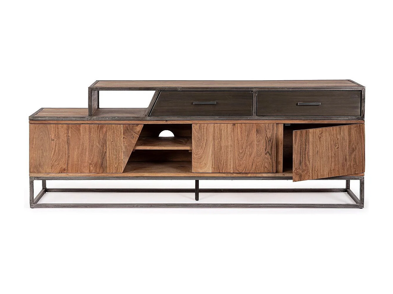Meuble TV industriel 3 portes 2 tiroirs bois d'acacia et acier marron Palma 175cm