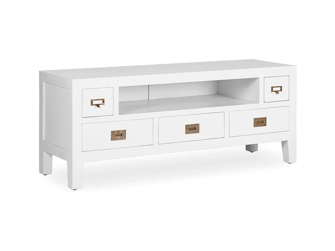 Meuble TV bois massif de mindi blanc Kourame 125cm