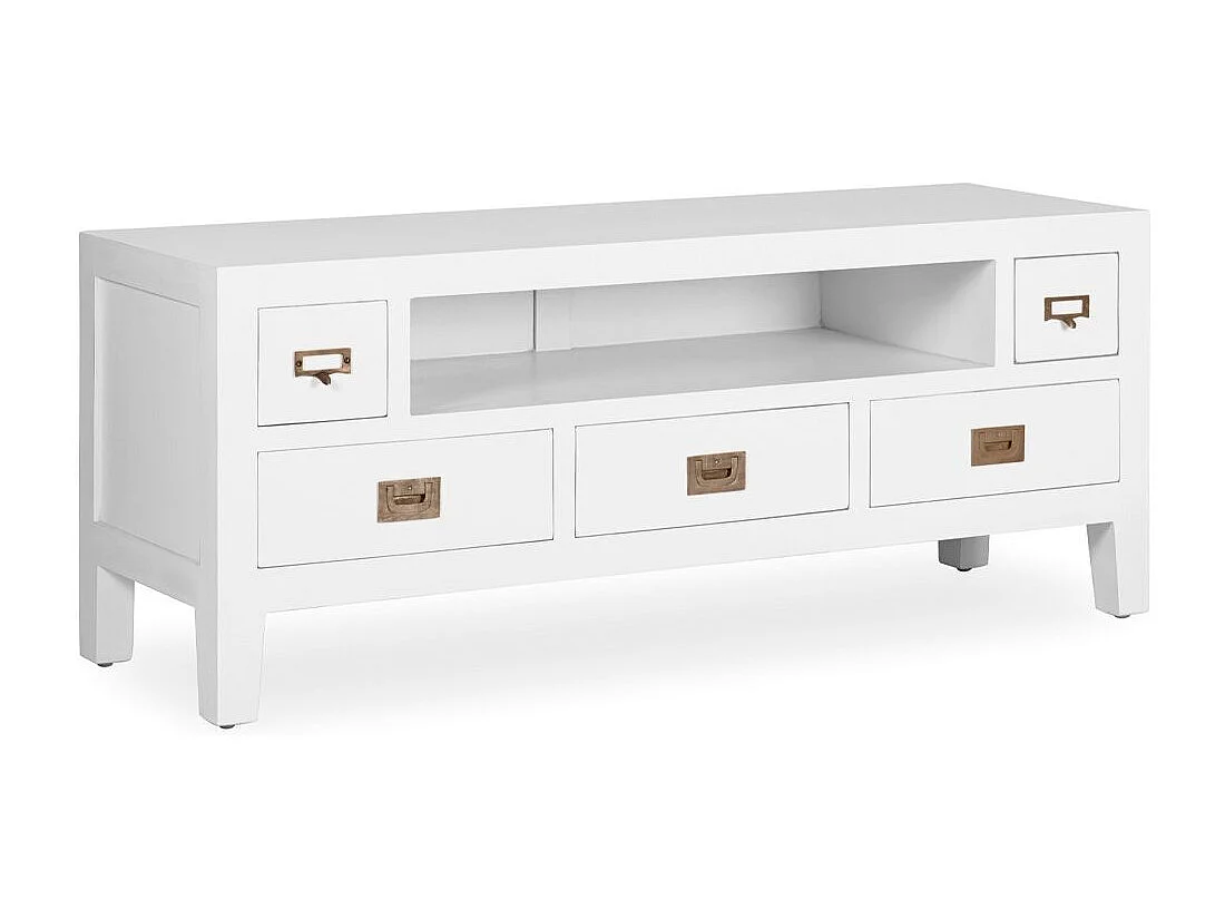 Meuble TV bois massif de mindi blanc Kourame 125cm