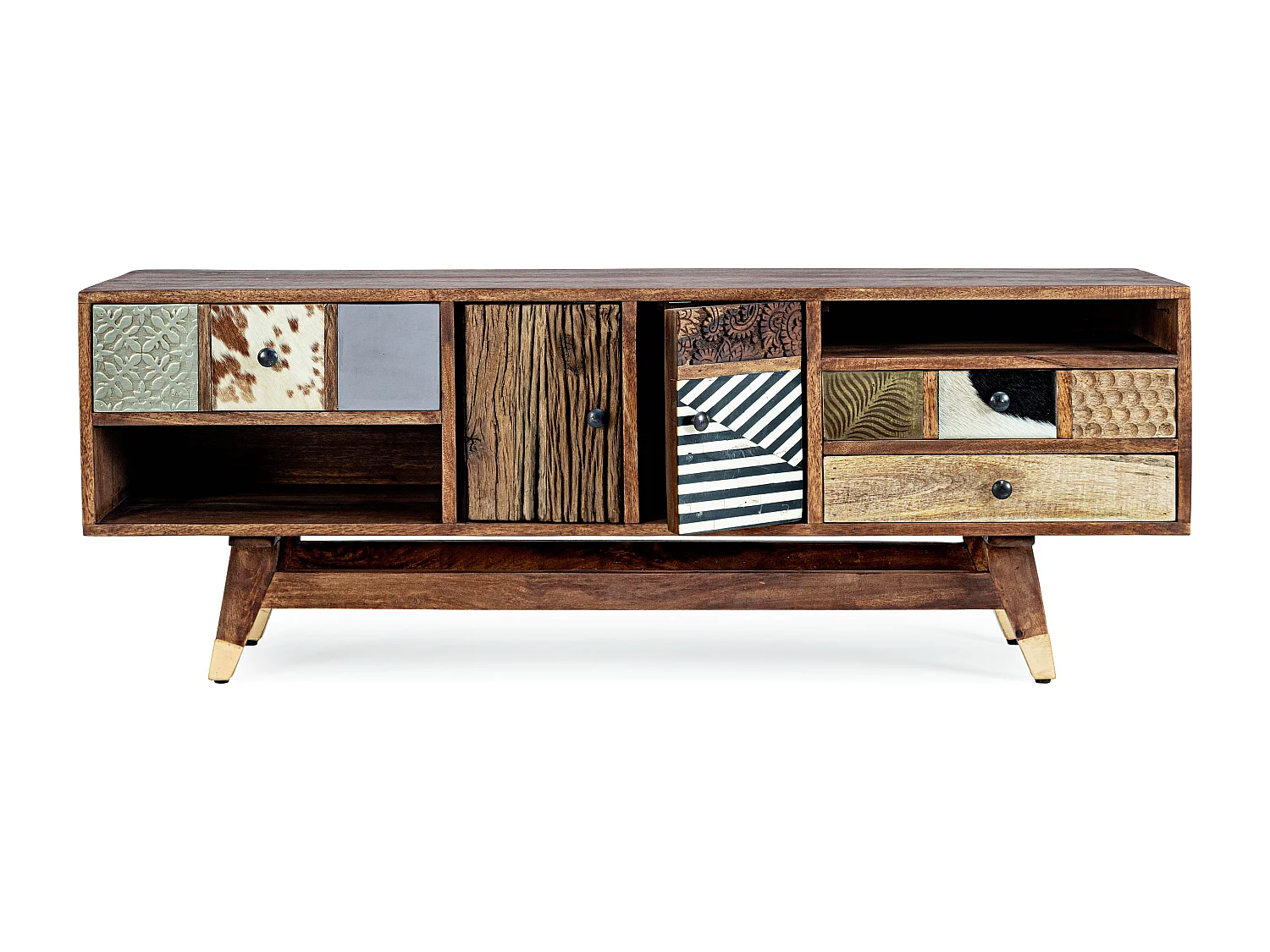 Meuble TV 2 portes 3 tiroirs 2 niches multi matières colorées Doki 140cm