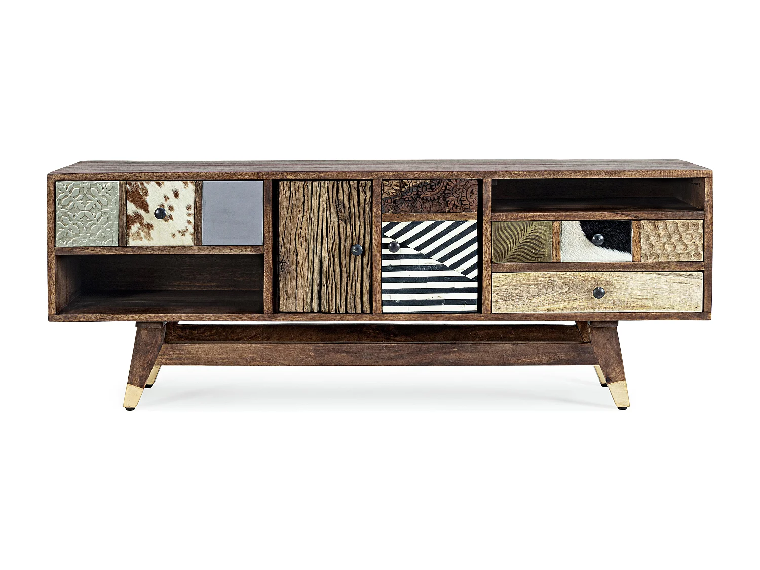 Meuble TV 2 portes 3 tiroirs 2 niches multi matières colorées Doki 140cm