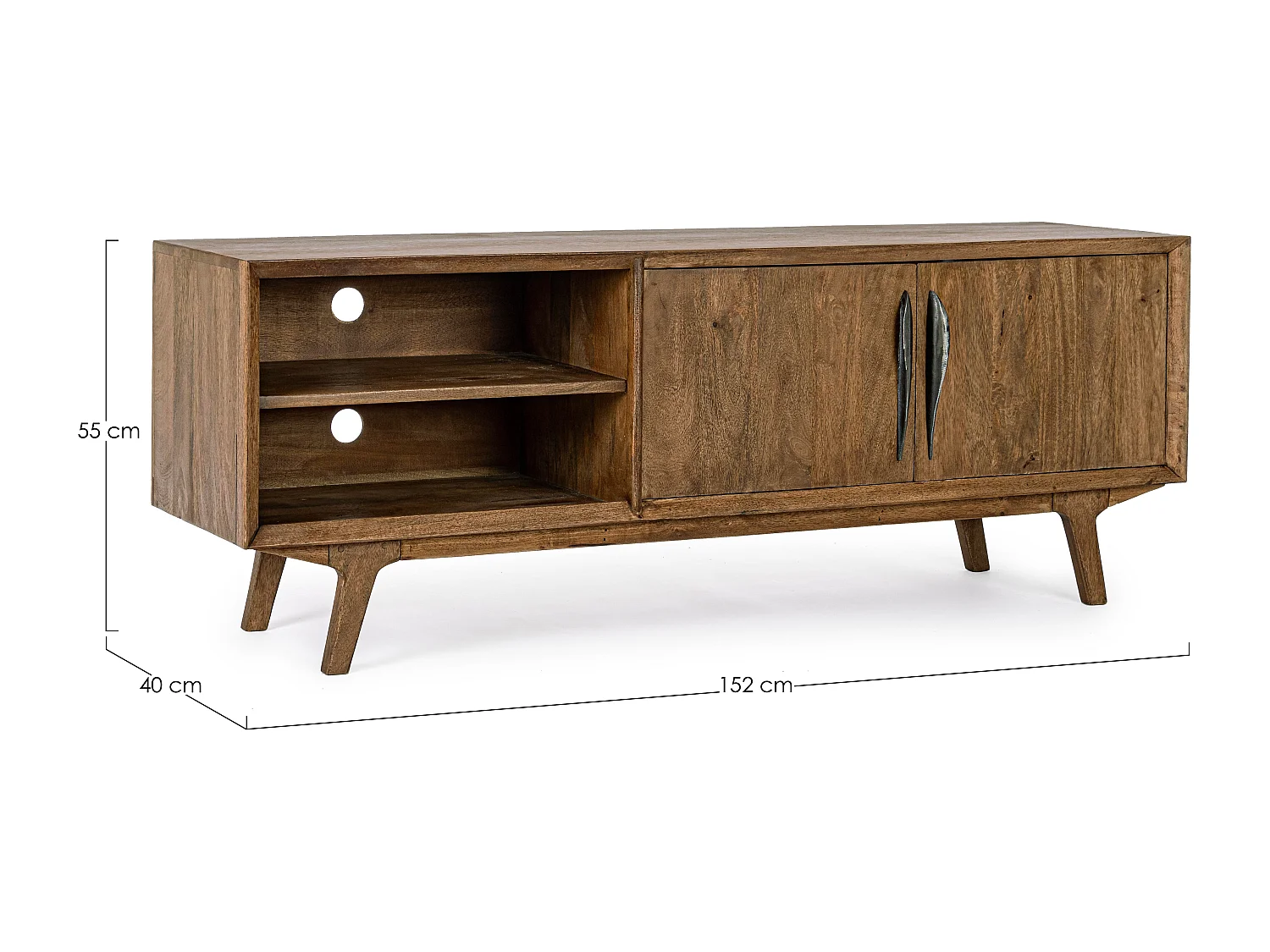 Meuble TV en bois de manguier marron 2 niches 2 tiroirs Kamy 152cm