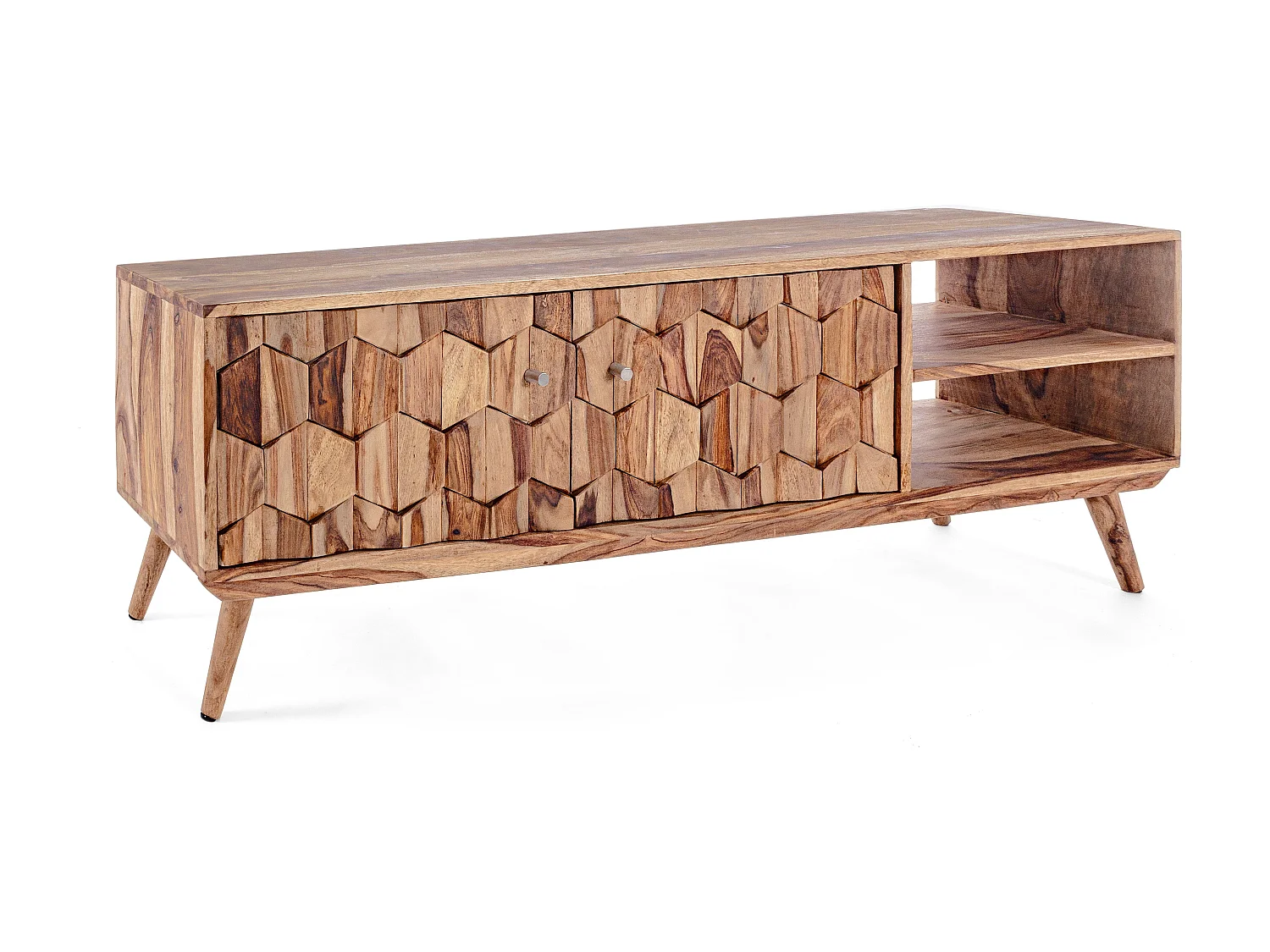 Meuble TV 2 portes 2 niches en bois de sheesham naturel Kany 177cm