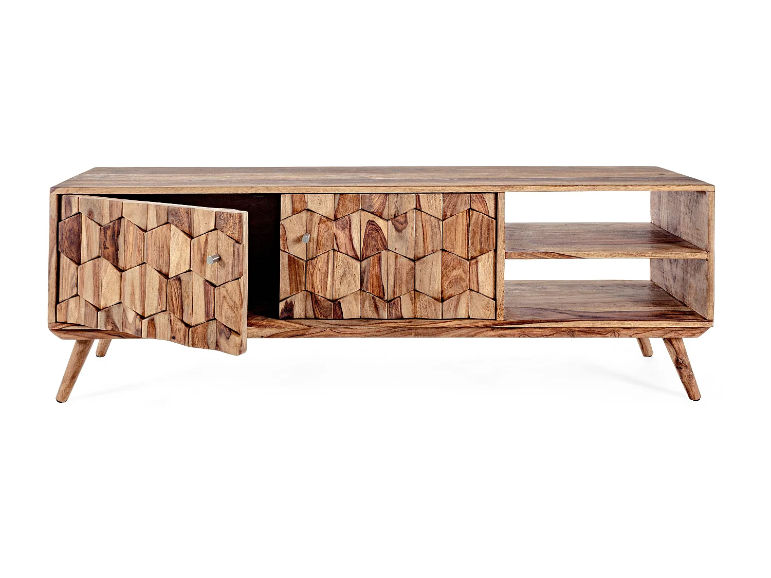 Meuble TV 2 portes 2 niches en bois de sheesham naturel Kany 177cm