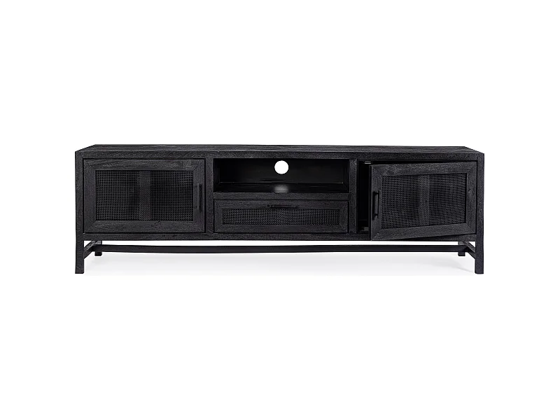 Meuble TV 2 portes 1 tiroir en bois massif noir de manguier et rotin noir Waky 180cm